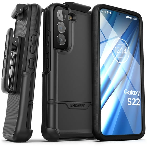 Encased Rebel Designed for Samsung Galaxy S22 Belt Clip Case, Protective Shockproof Case with Holster (Black)