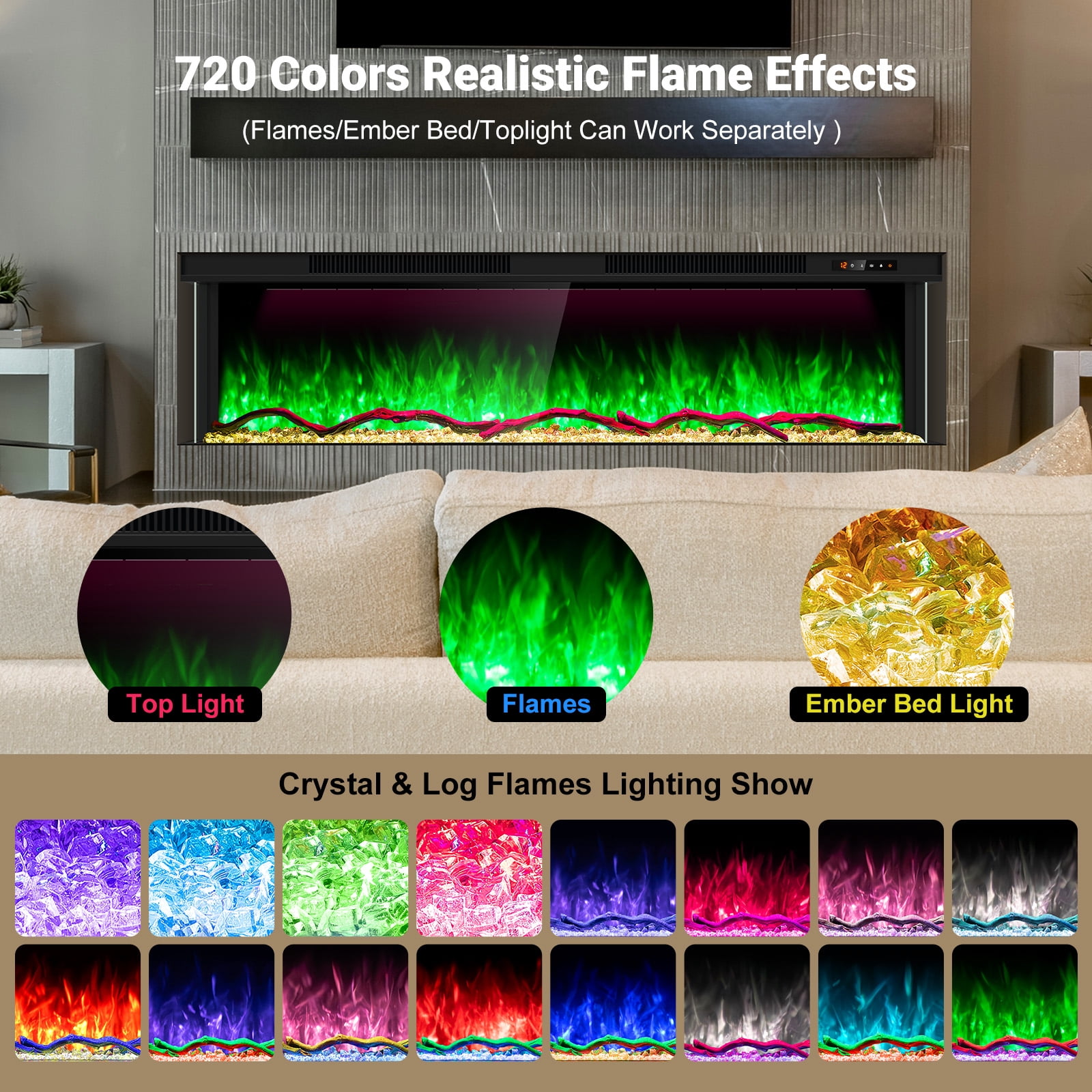 70 inch 3 Sided Glass Electric Fireplace with Touchscreen, APP & Remote Control, Smart Build-in Fire Places Heater 1500W with Multi-Color Flames, Cracking Sound, Timer