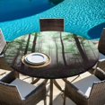 thumbnail image 6 of Teal Forest Round Tablecloth, Fitted Table Cover with Elastic for 45"-54" Round Tables, Vintage Foggy Woods Tree Mysterious Table Cloth Outdoor Indoor Dinning Party Waterproof Tablecloths, 6 of 7