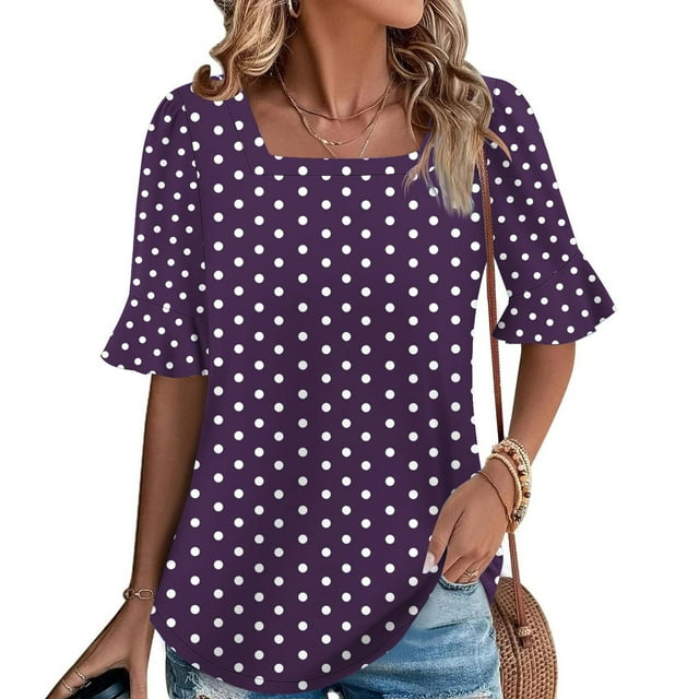 Wensltd Women's Summer Loose Blouses Printed Ruffled Sleeve Square Neck Top