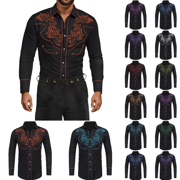 Mens Long Sleeve Shirt Solid Western Cowboy Vintage Shirt Loose Fit Big Size Casual Button Blue L