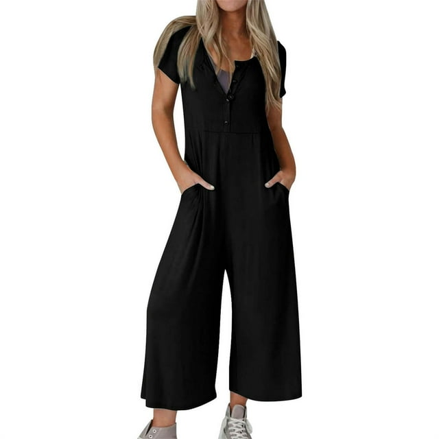 AherBiu Combinaisons à Jambes Larges pour Femmes, Manches Courtes, Demi-Boutonnage, Col Ras du Cou, Barboteuses Confortables avec Poches