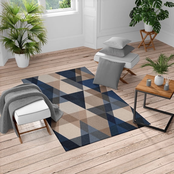 Geometric Turkish Area Rug, Abstract Geometric Pattern Vintage Inspired Retro Colors Old Style Graphic Art, Soft Carpet for Living Room Decor with Distressed Look, 4' X 5.7', Night Blue, by Ambesonne