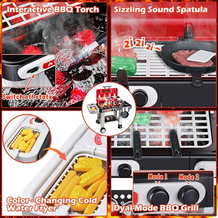 JUGAAD LIFE 43 PCS Kids BBQ Grill Playset, Pretend Play Kitchen Toy Set, Barbecue Toy with Wheels, Sound Light, Outdoor Food Toys Cooking Set for Toddler, Birthday Gift Boys Girls