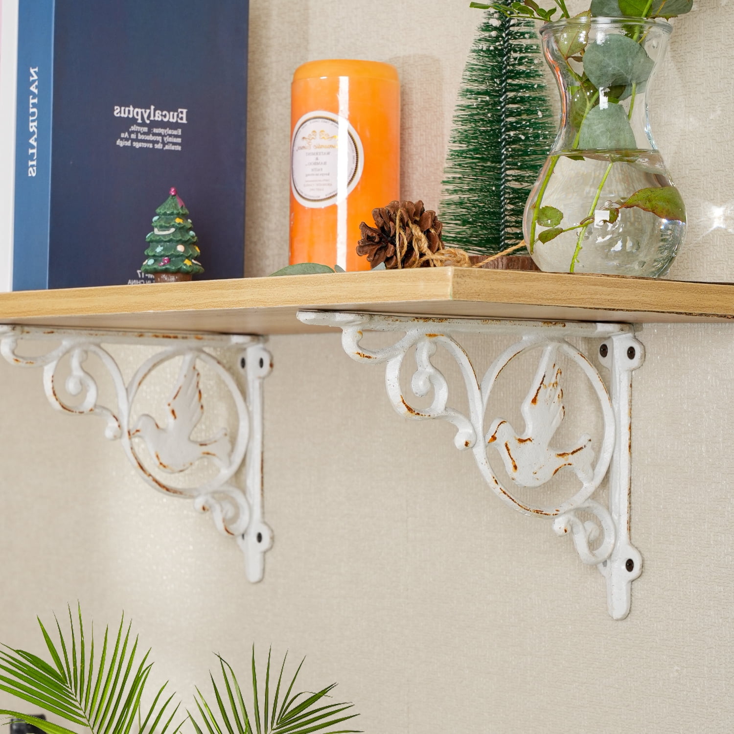 Sungmor 9.2 Inch Cast Iron Rustic White Brackets for Shelves, 2PC Vintage Decorative Angle Support Doorway Bracket, Shelves Corbels, Wall Mounted Floating Shelf Bracket