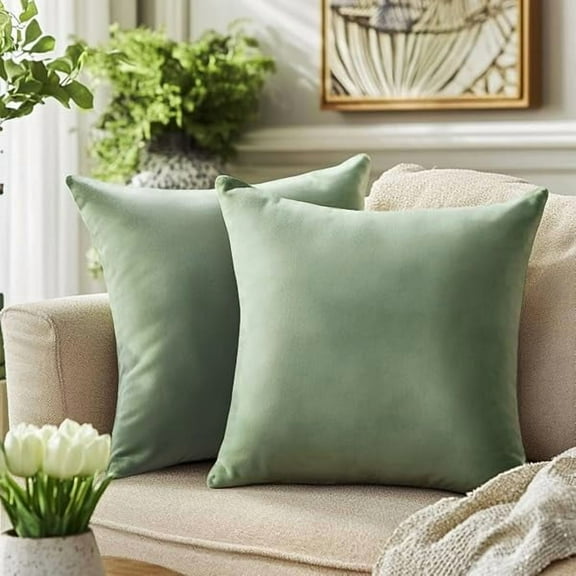 Decorative Sage Green Pillow Cover s 16x16 Inch Pack of 2 Sage Green Throw Pillows for Couch Living Room Bed Bedroom Soft Decor Velvet Square Throw Pillow Cover 16 x 16 Set of 2