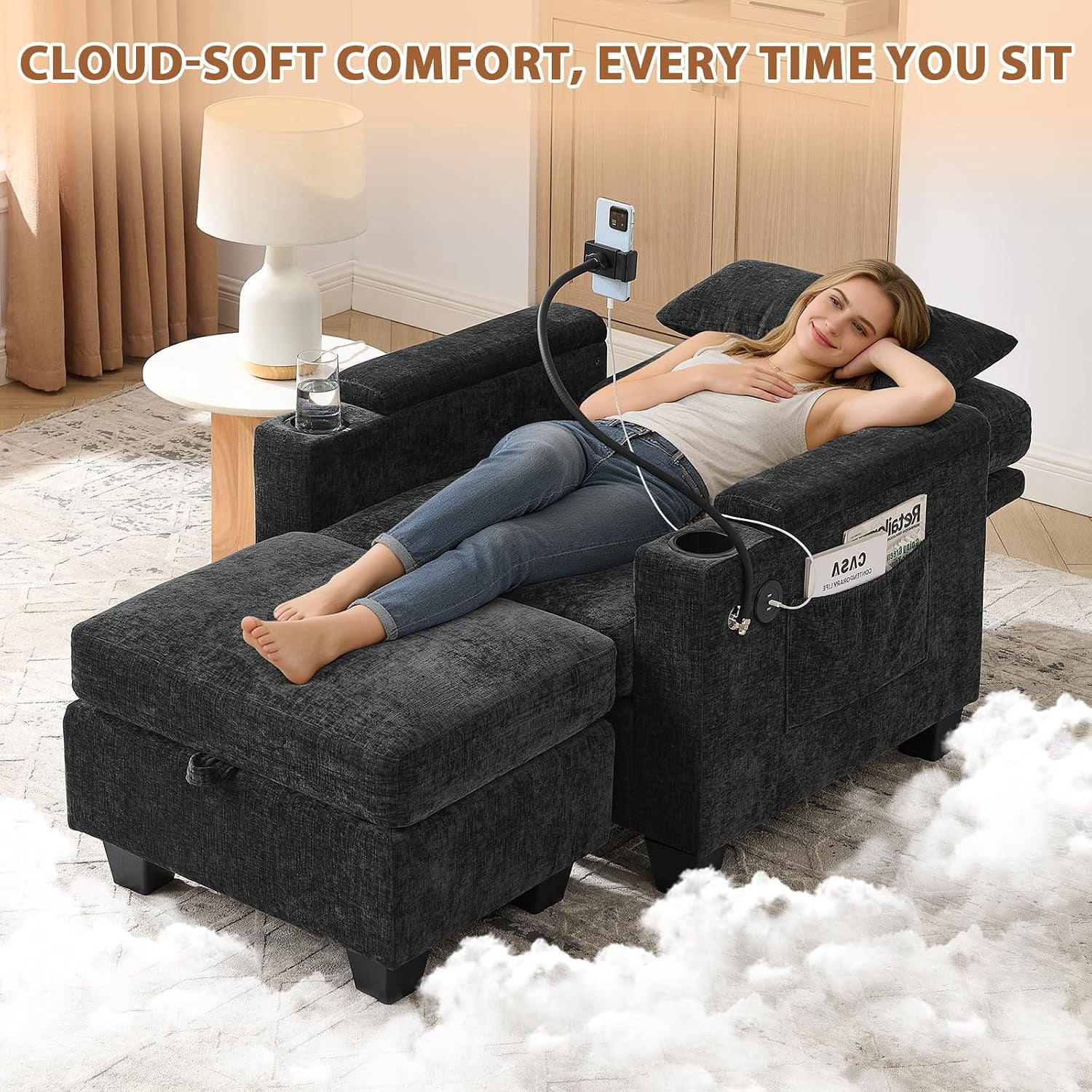 MOONMISS Oversized Chaise Lounge Chair Indoor, Single Convertible Recliner Reading Arm Sofa Chair W/Adjustable Backrest & Charging Port Couch Bed for Living Room, Home Theater & Bedroom,Black