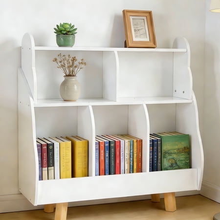 3-Tier Scalloped Bookshelf, Montessori Bookcase for Toddlers, Wooden Book Shelf Organizer Display Furniture for Kids Rooms, Playroom, Nursery and Classroom