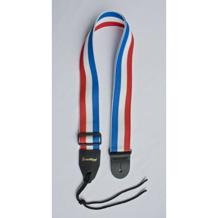 Guitar Strap RED WHITE BLUE STRIPES Nylon Solid Leather Ends Fits All Acoustic & Electric Made In USA Since