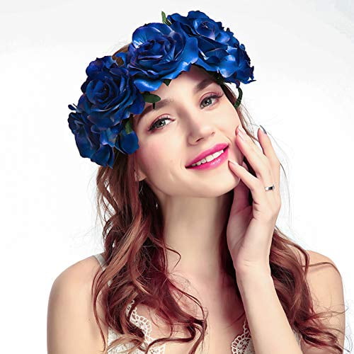 Women Ladies Blue Sun Flower Hair Headband Leaf crown Prop Garland Tiara ribbon 