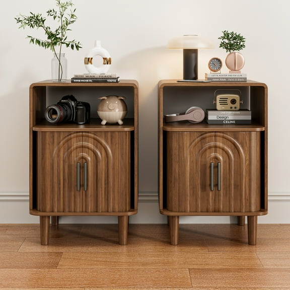 Nightstand Set of 2, Small Bedside Table with Door, Night Stand with Storage, Fluted End Table for Bedroom