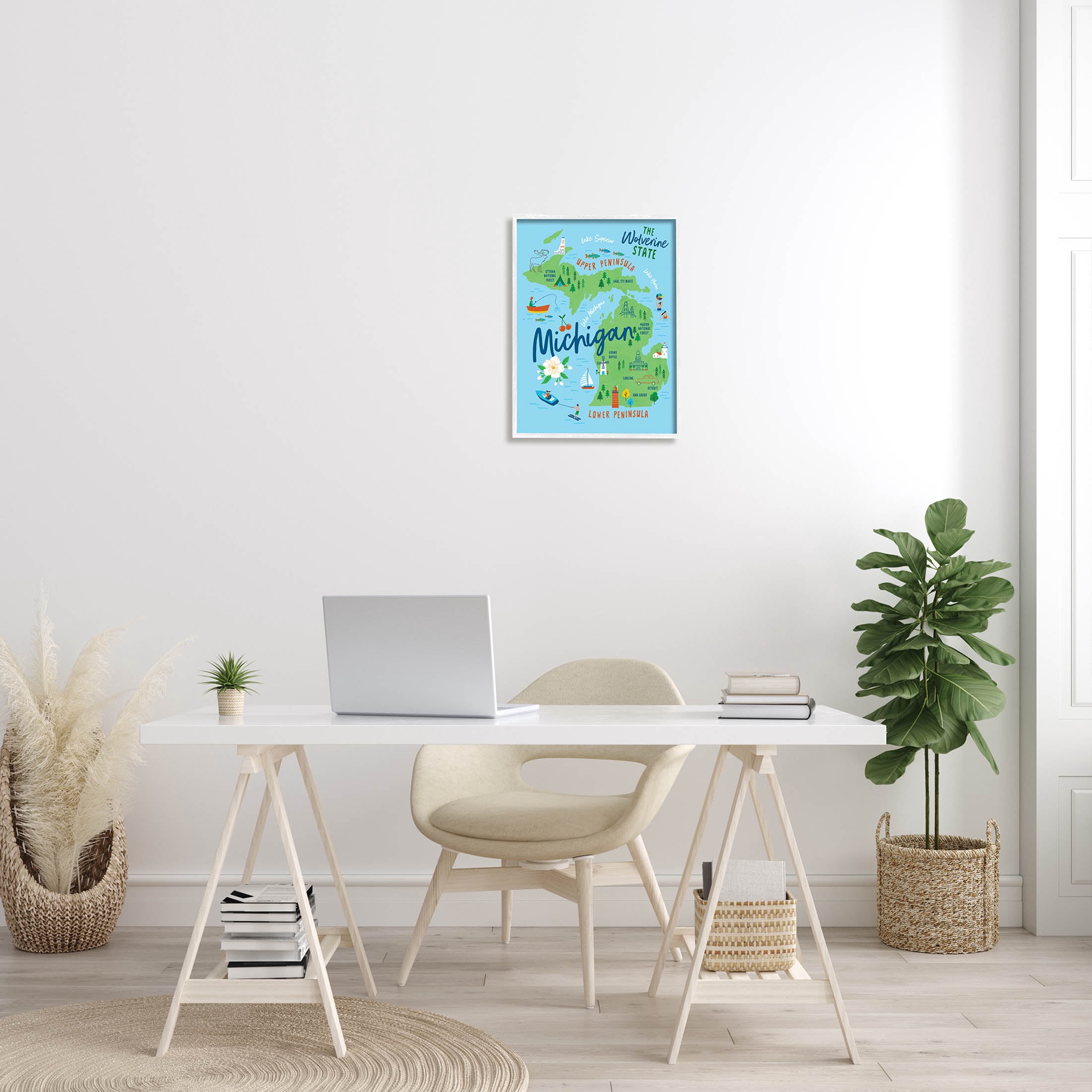 Stupell Industries Everyday Michigan Illustrated Map Graphic Art White Framed Art Print Wall Art, Design by Nina Seven