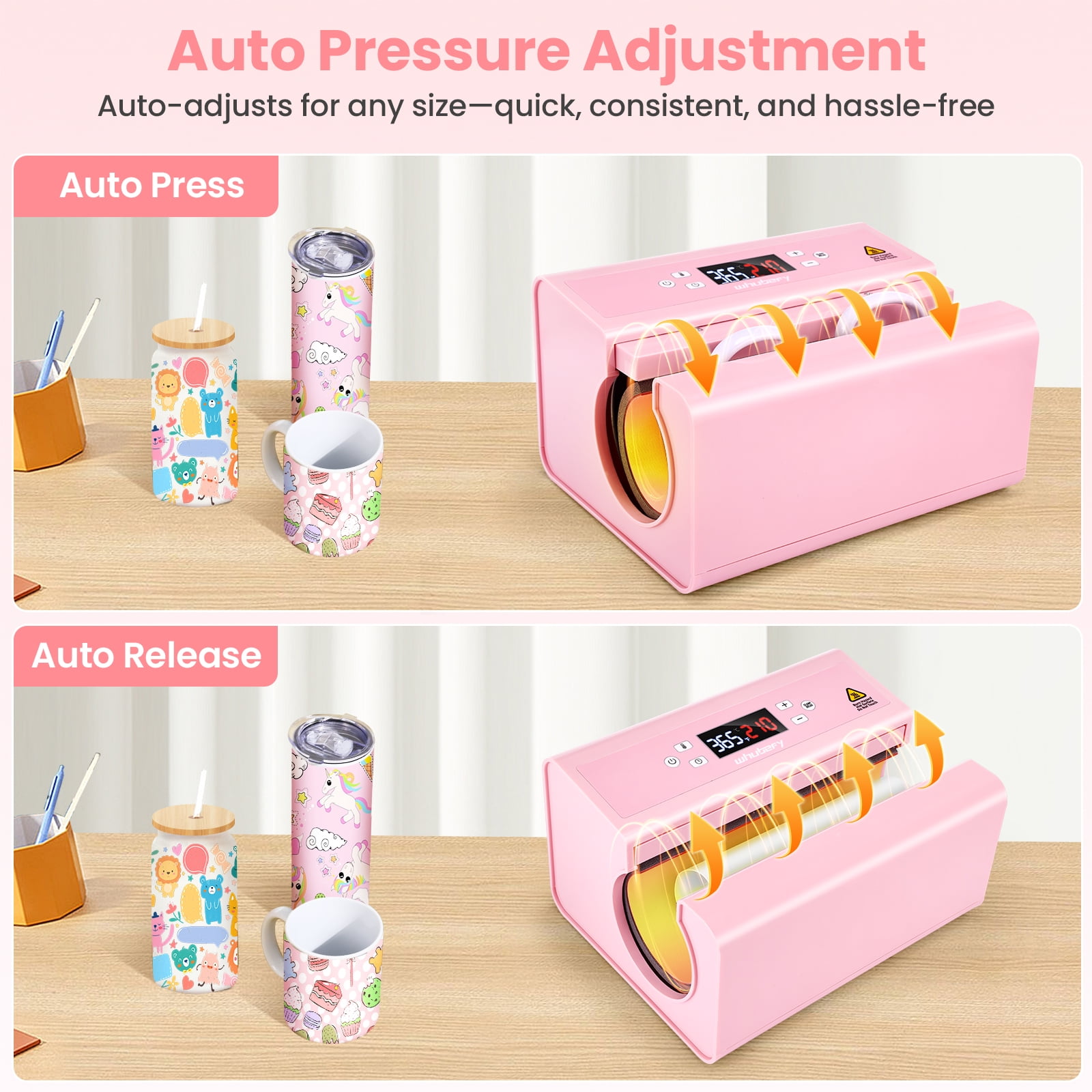 Adnoom Auto Tumbler Heat Press Machine, 30OZ Mug Heat Press Fast & Even, Automatic Sublimation Tumblers Press, Cup Transfer Machine for 11-30OZ Stainless Steel, Ceramic Pink