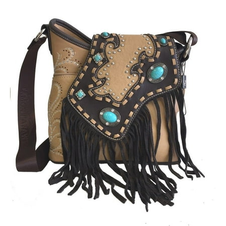 Montana West Ladies Cossbody Bag Purse Turquoise Rhinestones Leather Fringe Tan