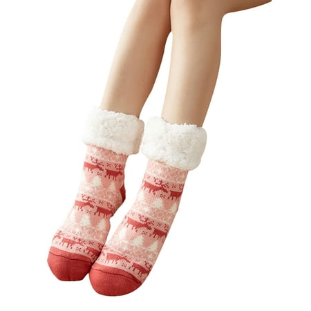 

Women Christmas Socks Reindeer Patterns Fuzzy Fleece Liner Floor Socks with Anti-Slip Sole