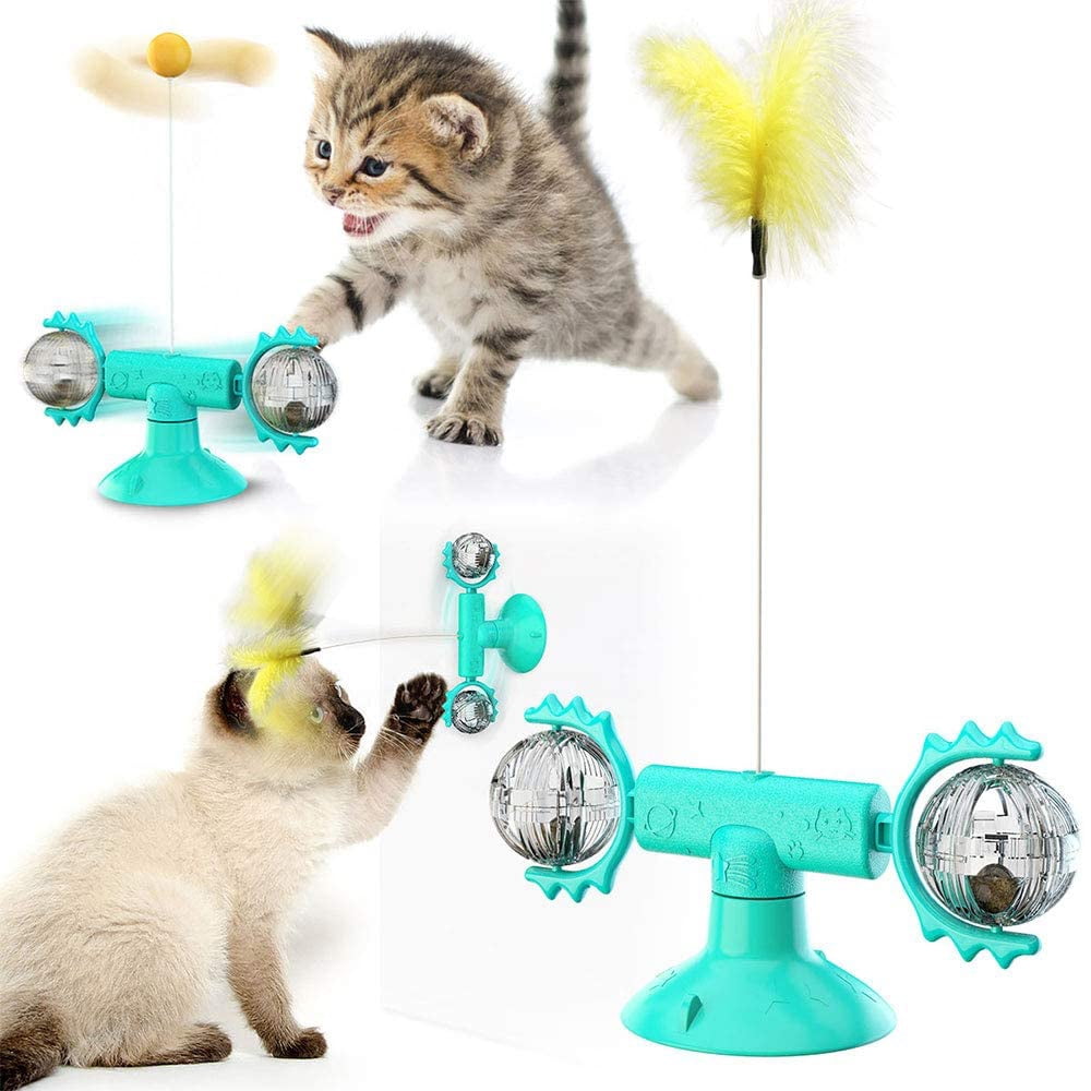 Spinning Feather Whirl Cat Toy Interactive Chase Ball Tumbler with Cat Treats Container Dispenser PAWABOO Pet Electronic Teasing Toy Green & Yellow 