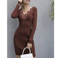 thumbnail image 2 of Vestido de punto con cuello en V encaje de color puro delgado manga larga vestido de suéter de moda para mujer café S, 2 of 5