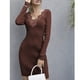 thumbnail image 2 of Vestido de punto con cuello en V, encaje, color puro, delgado, manga larga, vestido de suéter de moda para mujer Café M, 2 of 5
