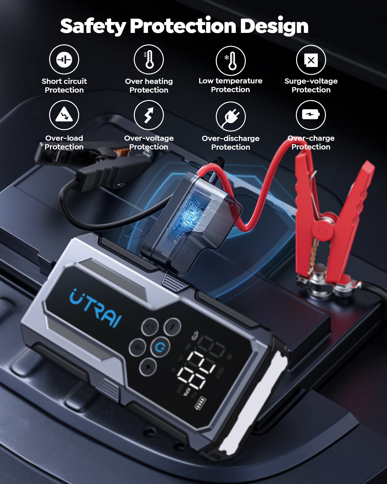 4000A Jump Starter with Air Compressor 150PSI 12V Battery Booster QC 18W LED Flashlight for 8.5L Gas & 6.5L Diesel |  UTRAI