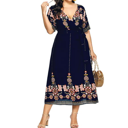 Plus Size Dress for Womens Boho Bohemia Floral Print Long Maxi Dress V Neck Party Evening Summer Beach Split Sundress