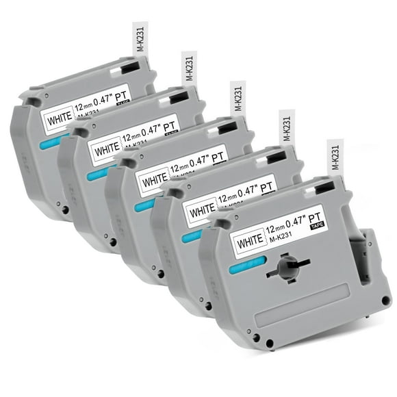 5-Pack M-K231 Compatible Label Tapes for Brother P-Touch M Series (PT-M95, PT-65, PT-80, PT-70, PT-45 & More) - 12mm x 8m, White Background Black Text, Split Back Easy Peel, PVC Waterproof