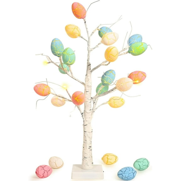 ZCD Easter Decorations 24 inch Pre-lit White Birch Tree with 24pcs Easter Egg Ornaments, 24 Led Lights Battery Operated Table Centerpiece for Party Birthday Home Spring Decoration Indoor Use