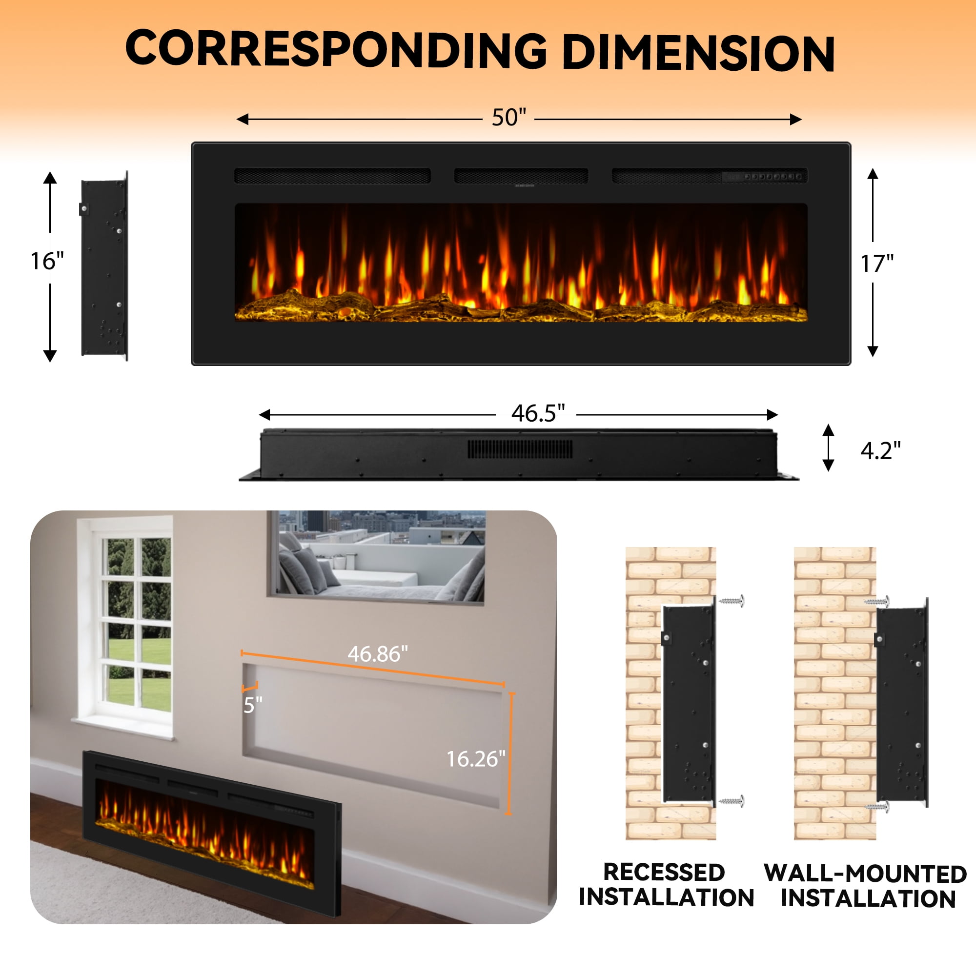 UrbanSync 50 inch Electric Fireplace in-Wall Recessed and Wall Mounted, 1500/750W Fireplace Heater (60-99°F) with 12 Adjustable Color, Remote Control, Timer, Log and Crystal