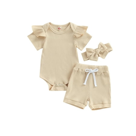 

HOANSELAY Baby Girls Shorts Set Short Sleeve Romper with Elastic Waist Shorts Hairband Summer Outfit