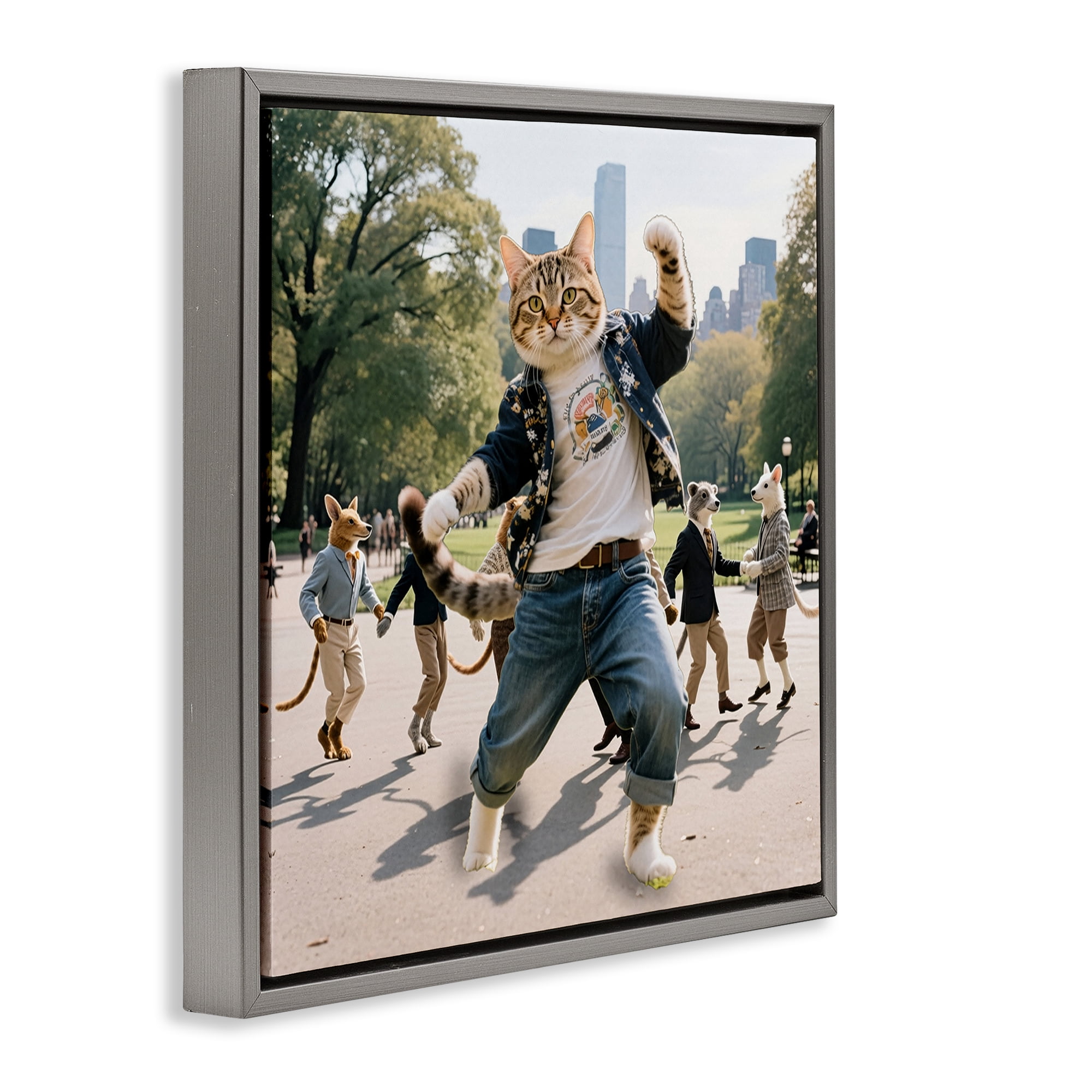 Stupell Industries Stylish Cat Dancing in Park Gray Framed Floater Canvas Wall Art, design by CAD Designs