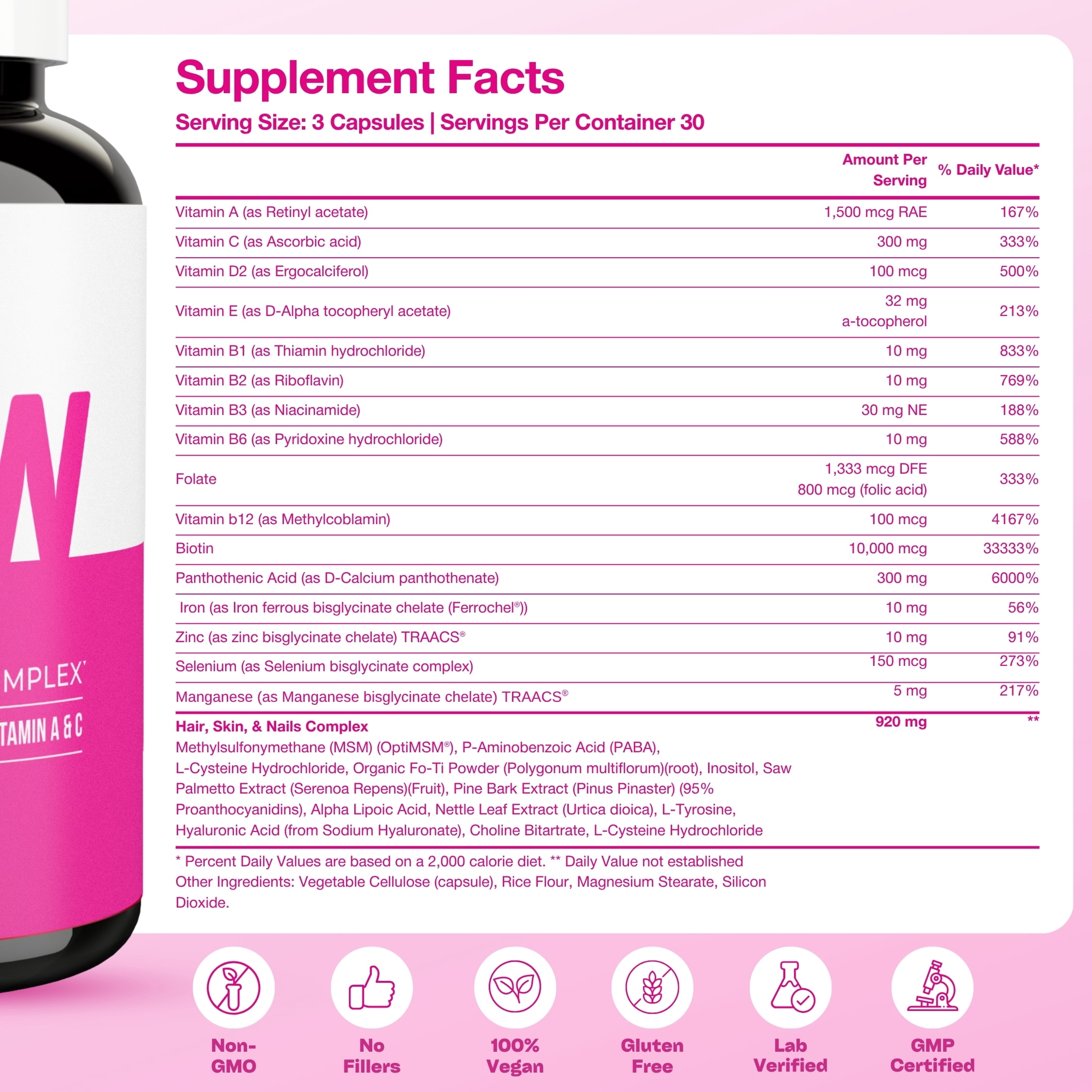 GoBiotix Glow Biotin 10000mcg, Collagen Boost Hair, Skin & Nails Multivitamin with Hyaluronic Acid, 90 Caps