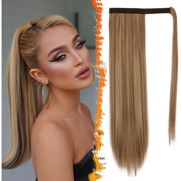 shiyou-Brown Highlight Straight Ponytail Extension - 24 Inch Long Straight Wrap Around Ponytail for Women, Clip in Ponytail Hair Extensions Synthetic Balayage Pony Tails Hairpieces Daily