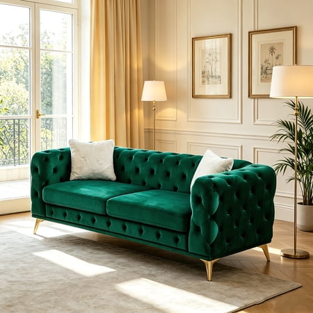 AUU Green 82.5-Inch Chesterfield Modern Sofa – Tufted Velvet Upholstery with 2 Throw Pillows and Metal Legs