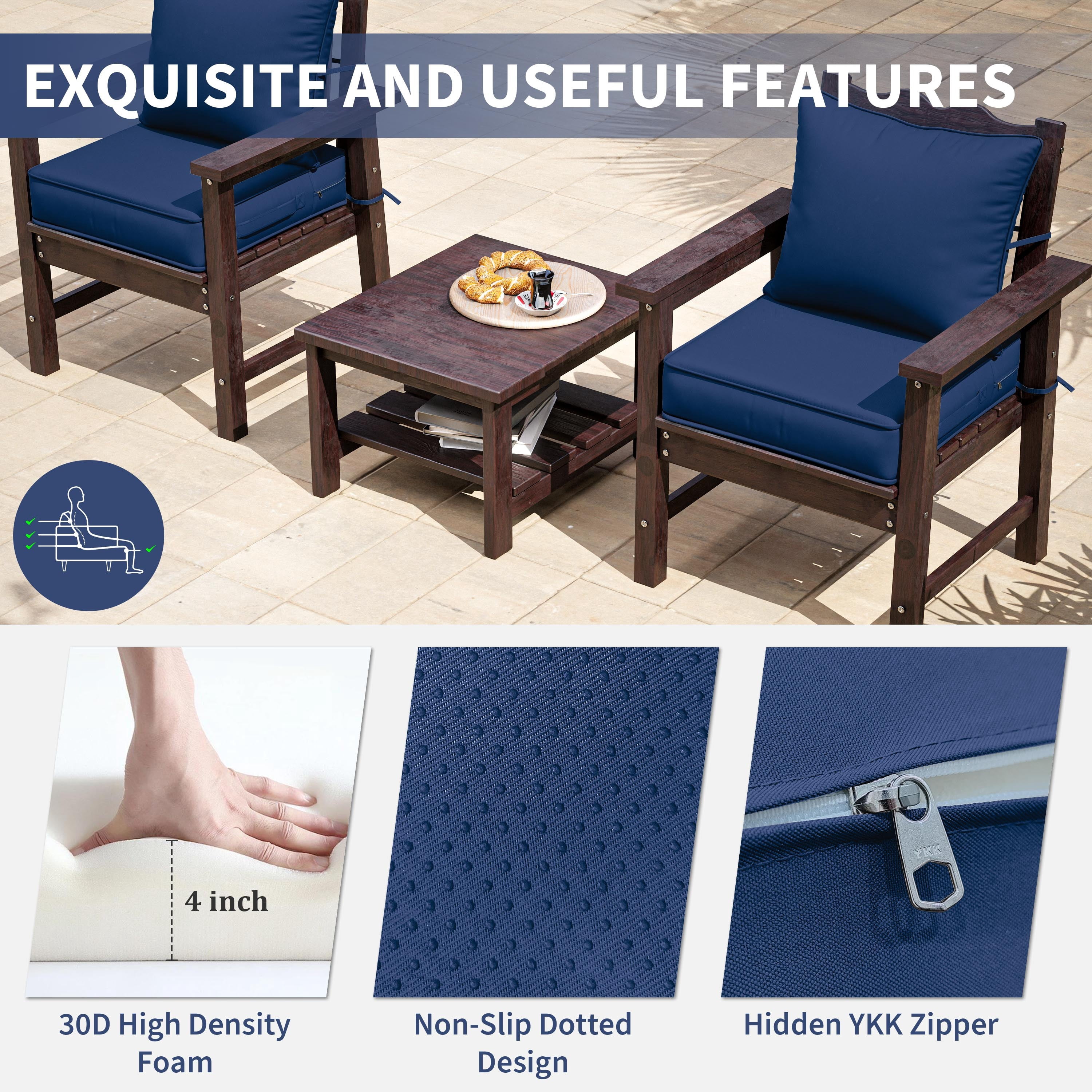 Kimunuk Outdoor Seat Cushion Set, 22" X 24" X 4" Water-Resistant & Fade-Resistant Patio Furniture Replacement Cushions with Handle and Straps for Sofa Chair, Blue