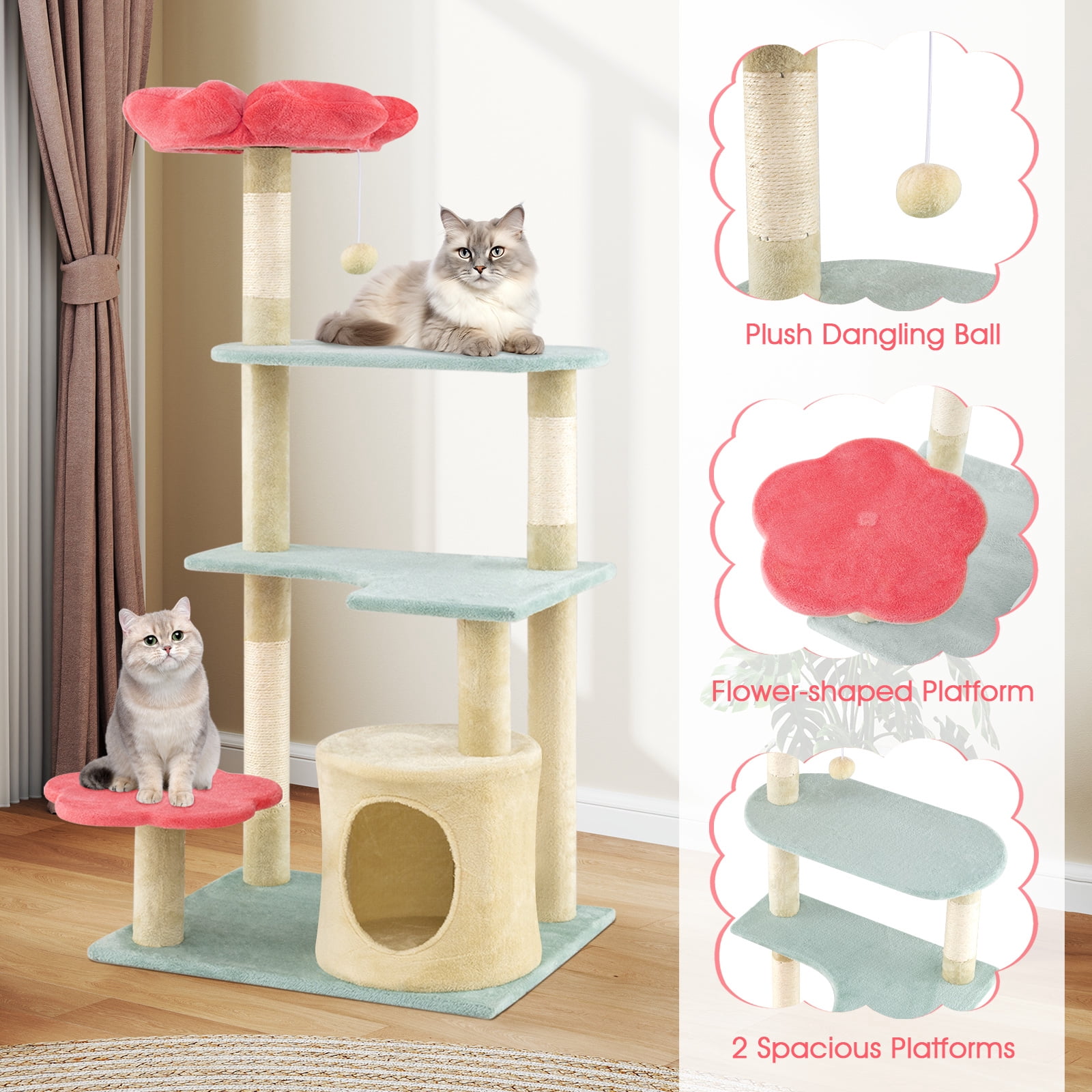 Gymax 49'' Flower Pink Cat Tree w/Flower-shaped Soft Perch Sisal Scratching Posts