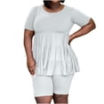 thumbnail image 1 of Conjunto de pantalones informales con parte superior plisada y cuello redondo de Color liso de manga corta de Color liso a la moda de verano para mujer Wmkox8yi  bvn1372, 1 of 4