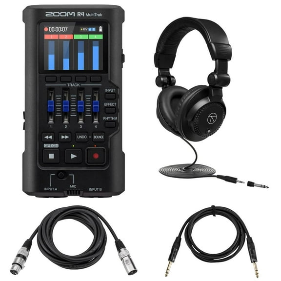 Zoom R4 MultiTrak 32-Bit Float Handheld Recorder Bundle with Studio Monitor Headphonex & Cables