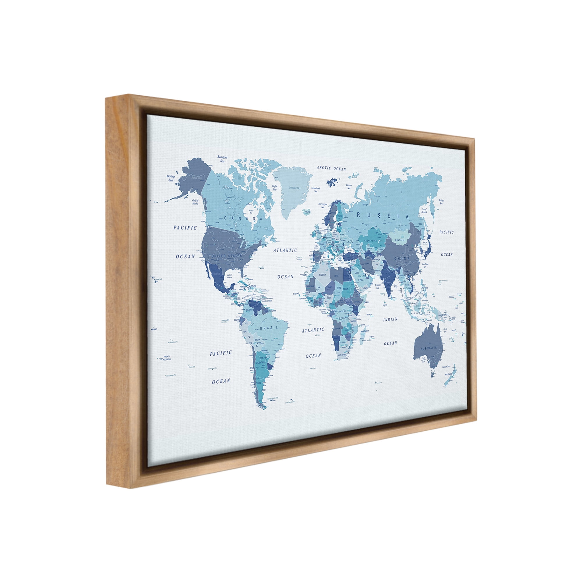Stupell Industries Traditional Blue Map Town & City Painting Brown Floater Framed Canvas Art Print Wall Art, 21 x 17