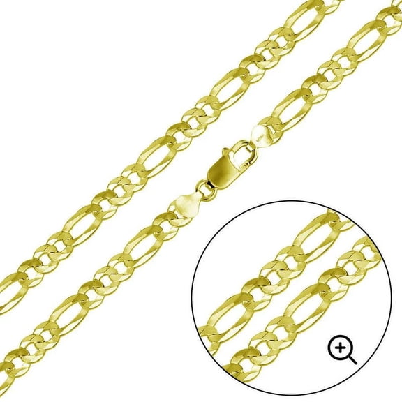 Sterling Silver 925 Gold Plated Super Flat Figaro 200 Chain 8.9mm Made in Italy 24" Jewelry Female
