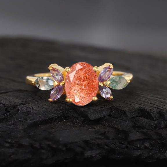 Sunstone Multi Gemstone Ring Marquise Cut Moss Agate Ring Women Handmade Jewelry Unique Floral Alexandrite Promise Ring Gift For Girlfriend