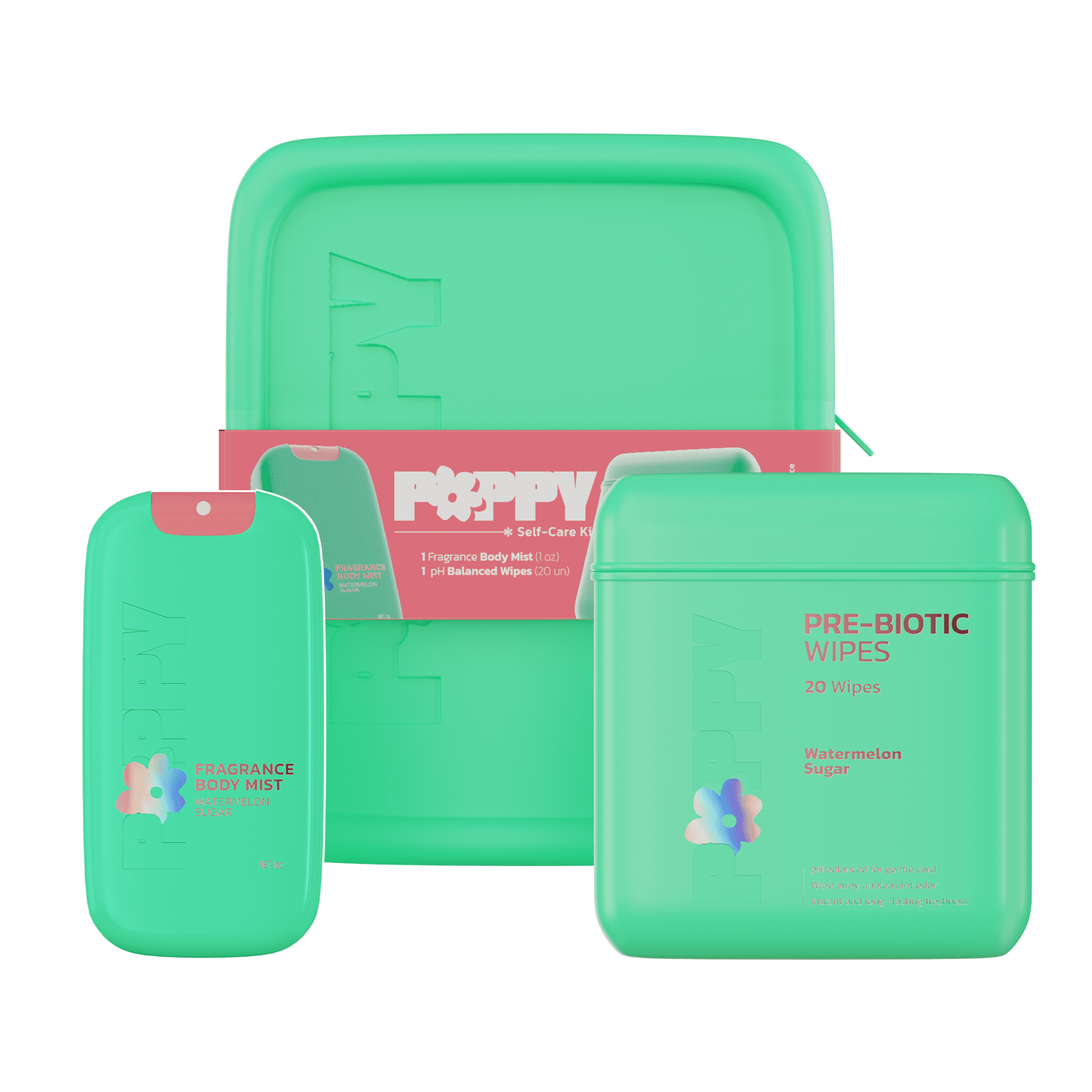 Poppy All-in-One Intimate Care Feminine Hygiene Kit for Women, pH Balance Wipes, Body Mist, Personal Hygiene, 3 Piece
