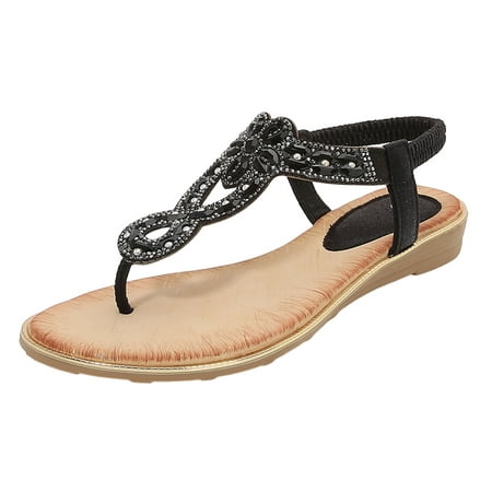 

ZTTD Ladies Summer Fashion Rhinestone Bohemian Slope Heel Hollow Solid Colour Flat Bottom Open Toe Large Size Sandals Black