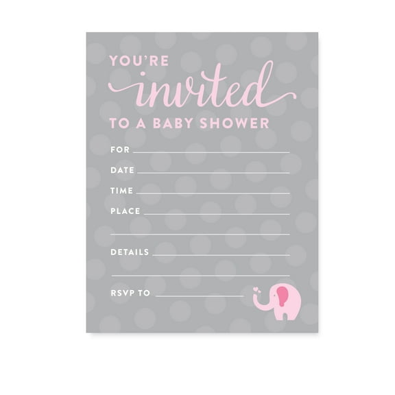 Girl Elephant Baby Shower Party Blank Invitations, 20ct