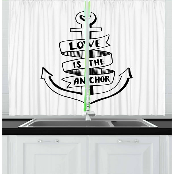 Anchor Curtains 2 Panels Set Hand Drawn Monochrome Nautical Motifs With Love Is The Anchor Quote