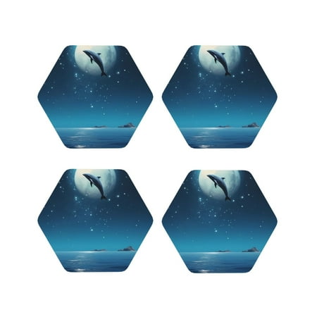 

Fuzoiu Night Sky Moon Dolphin Print Leather Coasters Set Drink Coasters Set of 4 for Tabletop Protection Durable PVC Coasters Home Décor and Housewarming Gift-Hexagon