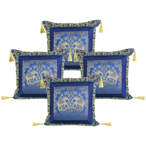 Stylo Culture Indian Brocade Home Decor Throw Pillow Sham Covers Dark Blue Gold 18x18 Jacquard Tassels Sofa Cushion Covers 45 x 45 cm Polydupion Silk Zippered Elephant Pillow Cases | Set Of 4
