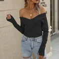 thumbnail image 4 of Olyvenn Front Wrap Off-the-Shoulder V-Neck Short Sweaters for Women Slim Fit Casual Womens Solid Color Fashion Ladies Sweaters Tops Long Sleeve Female Leisure Black L, 4 of 7