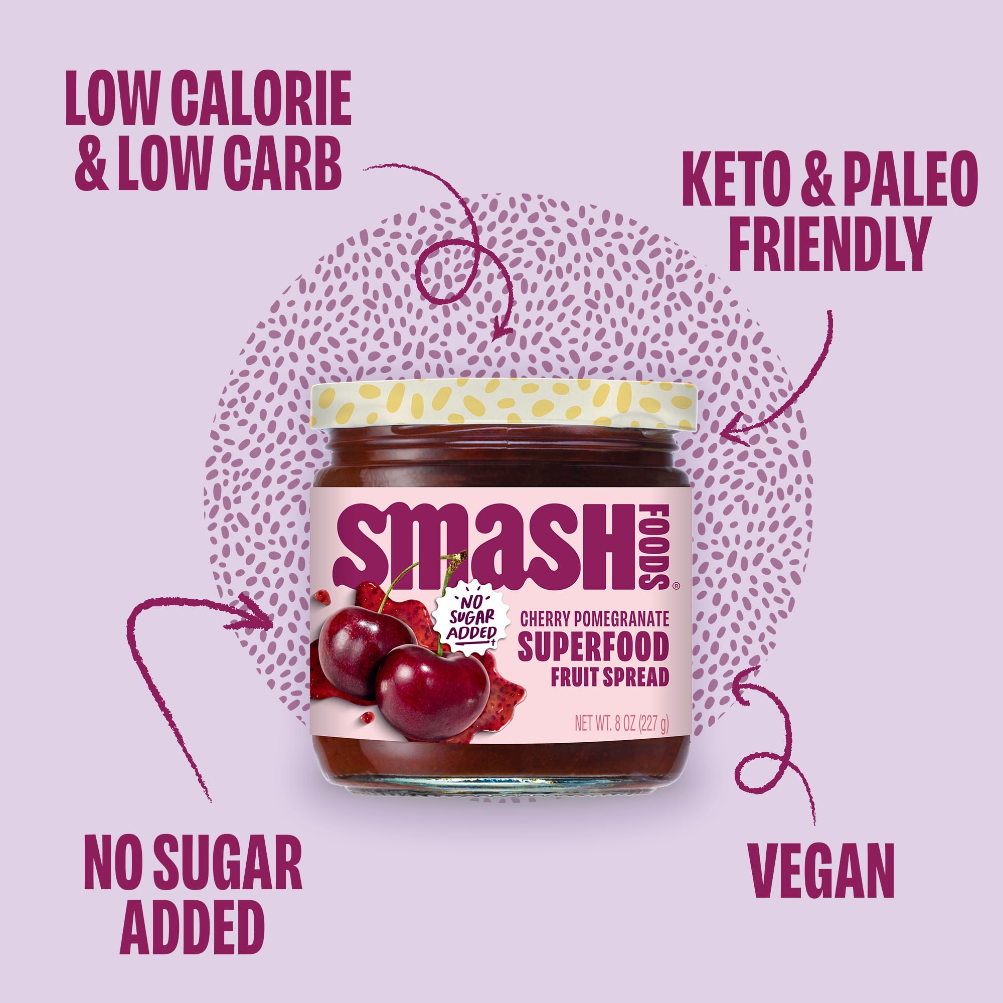 Smash Foods Cherry Pomegranate Jam, No Sugar Added, Low-Calorie, Vegan (6 Jars)