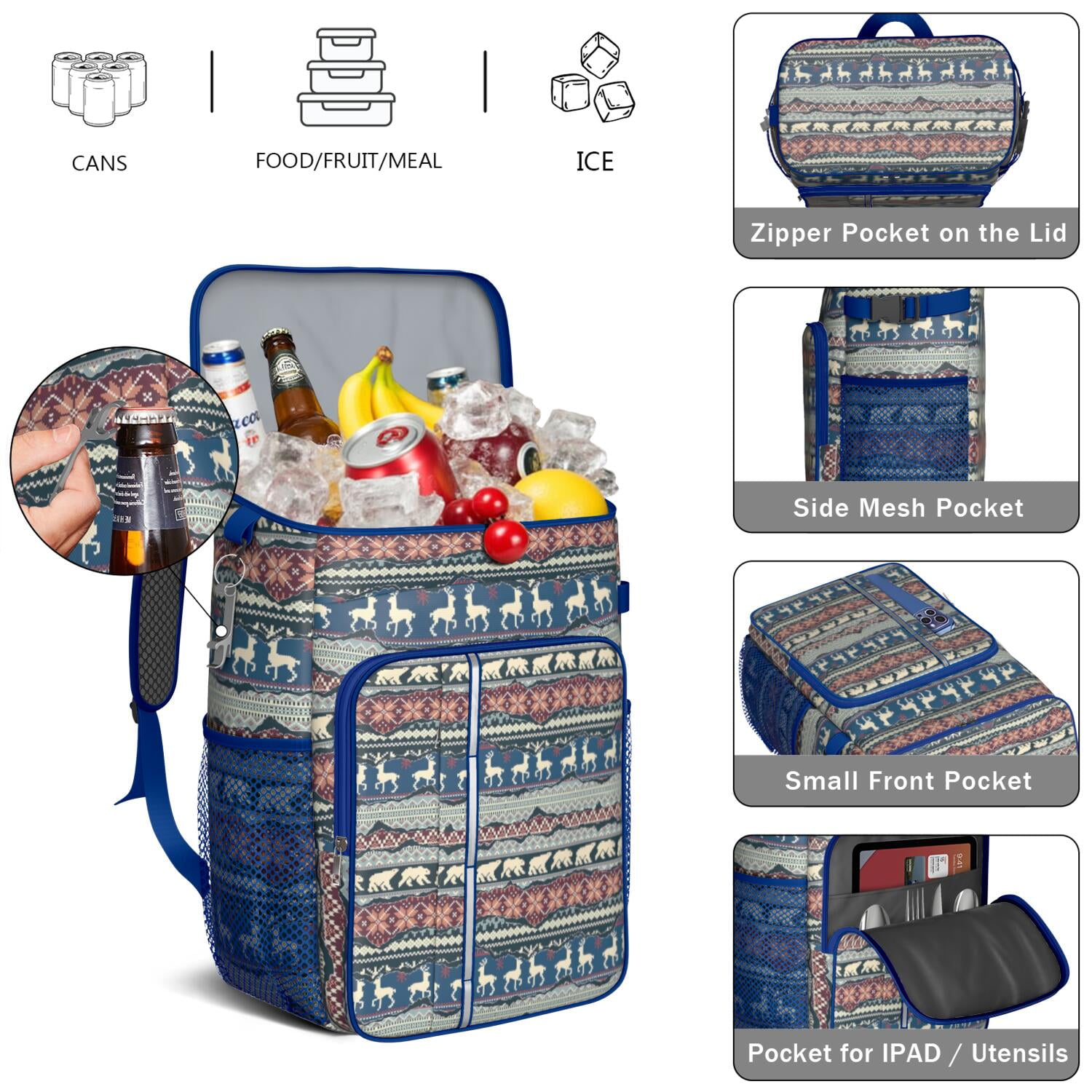 Travel Cooler Bag - Multicolor Christmas Pattern Camping Beer Cooler Backpack with Bottle Opener- Waterproof Insulated Picnic Backpacks - Cooler Bag for Beach