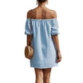 thumbnail image 5 of Hduncf Women's Off Shoulder A-Line Dress Plain Frilled Ruffled Hem Shirred Three Quarter Length Sleeve Mini Dress Blue L, 5 of 5