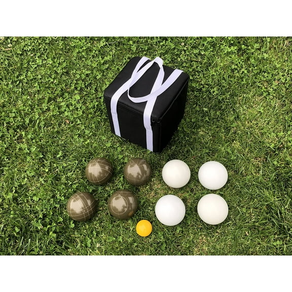 BuyBocceBalls New Listing - Unique Bocce Sets - 107mm with Olive Brown and White Balls, Black Bag